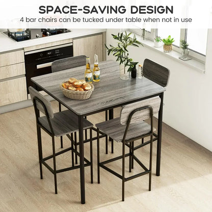 5-Piece Dining Table Set W/Counter Height Table & 4 Bar Stools, Modern Kitchen Dining Set W/Footrest & Backrest, Space-Saving
