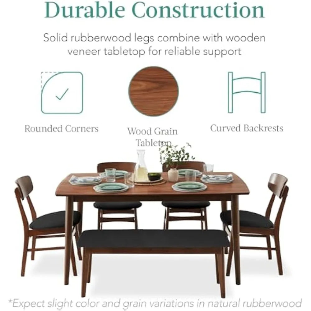 6-piece wooden dining set, mid-century modern table & upholstered chair set w/bench seat, rubberwood legs - walnut/charcoal