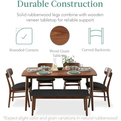 6-piece wooden dining set, mid-century modern table & upholstered chair set w/bench seat, rubberwood legs - walnut/charcoal