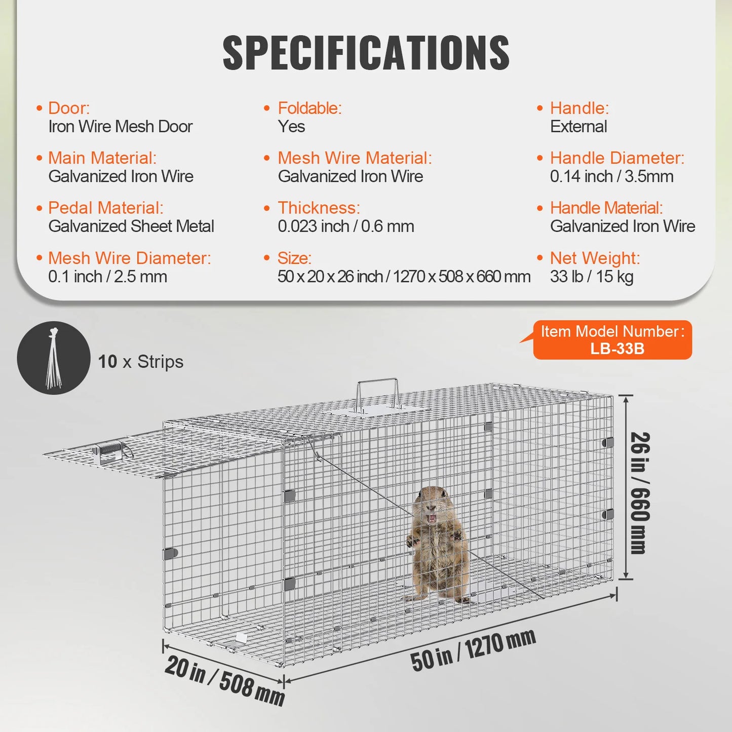 24/31/42/50in Animal Cage Trap Folding Humane Cat Trap Galvanized Iron with Handle for Rabbits Squirrels Groundhogs
