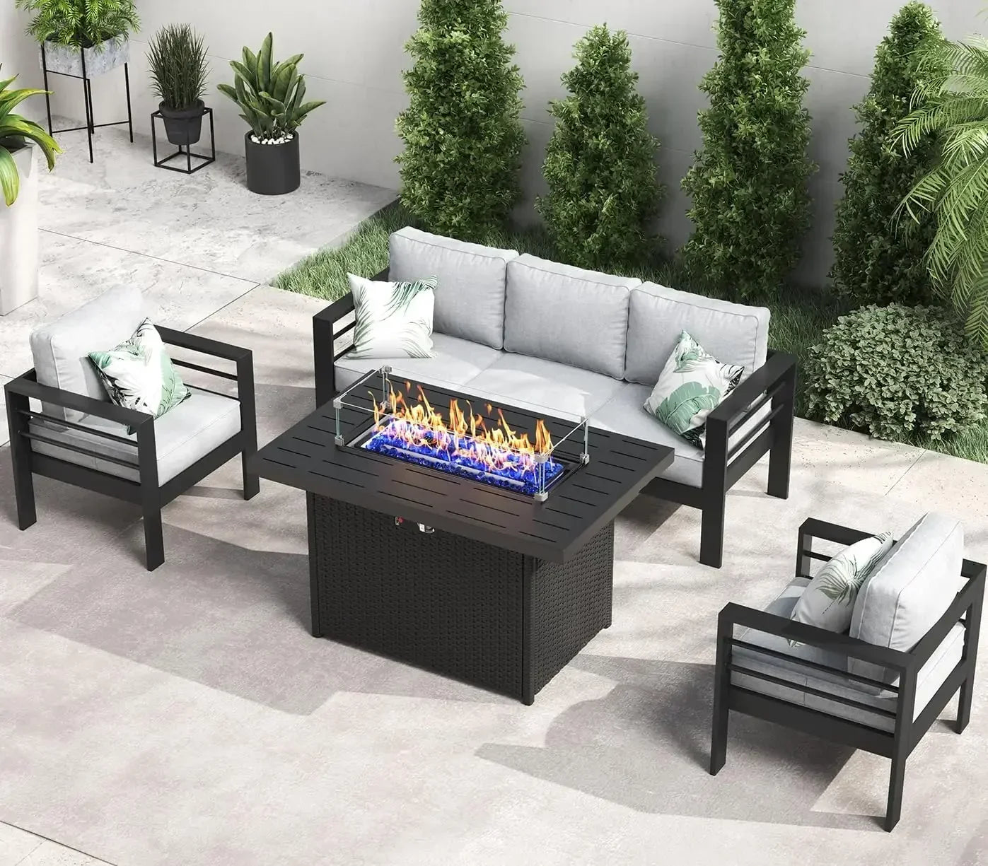 RPD4-QLayinSun Aluminum Furniture with Fire Pit Table. 5 Pieces Patio Sectional Conversation Chat Sofa Modern Seating Set