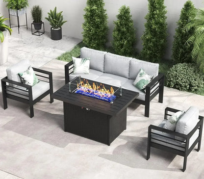 RPD4-QLayinSun Aluminum Furniture with Fire Pit Table. 5 Pieces Patio Sectional Conversation Chat Sofa Modern Seating Set