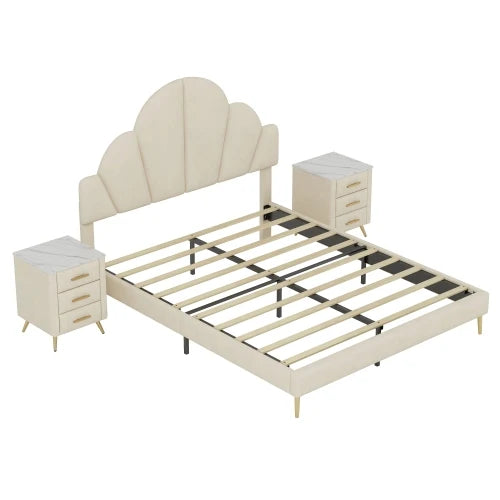 3 Pieces Bedroom Sets, Queen Size Modern Velvet Upholstered Bed Frame with Petal Shape Headboard, 3 Drawers Nightstands, Beige