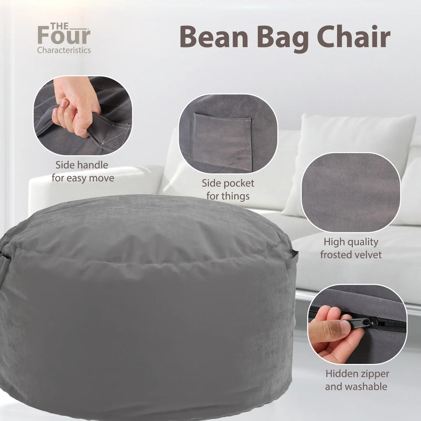 Oversized 3/4FT Bean Bag Chair for Gaming Reading Lazy Sofa Foam Filled Couch with Removable Cover