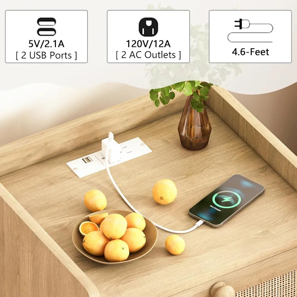 Rattan Nightstand with Charging Station Set of 2