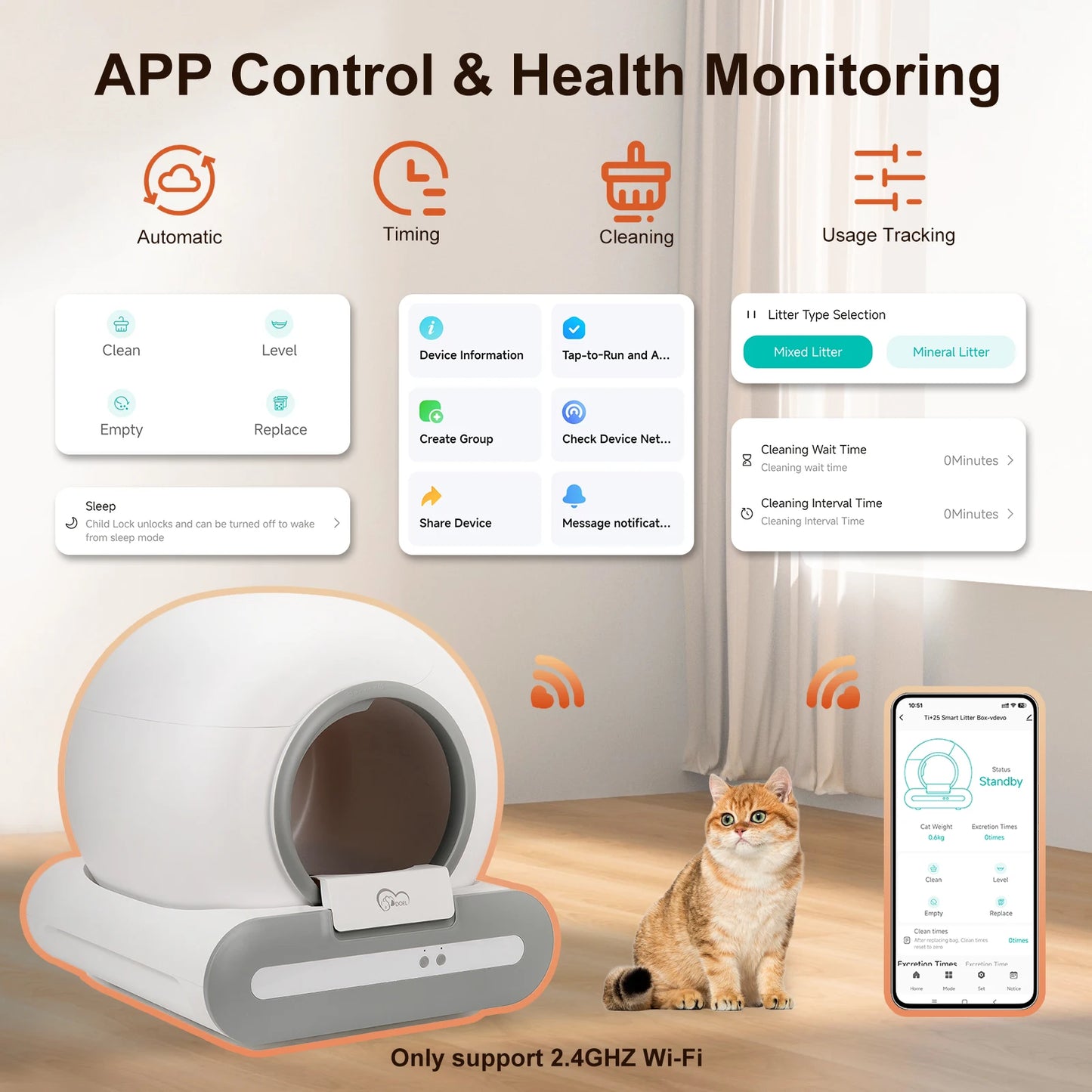 Self-Cleaning Cat Litter Box App Control, ONLY Supports 2.4G WiFi w/Litter Mat&Trash Bags, Fit for Tofu & Mixed Litter
