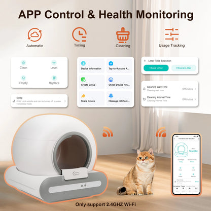 Self-Cleaning Cat Litter Box App Control, ONLY Supports 2.4G WiFi w/Litter Mat&Trash Bags, Fit for Tofu & Mixed Litter