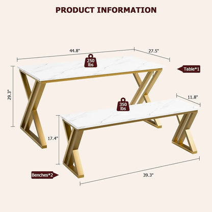 Kitchen Table Set for 4 with 2 Benches Space Saving Dining Table & Benches, Sturdy Metal Frame Dinette Set for Dining Room Gold