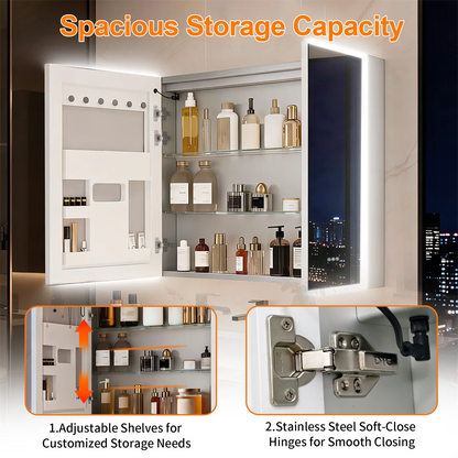Lighted Bathroom Cabinet: Double Doors LED Lighted Mirror Bathroom Cabinet with Bluetooth Dual Speakers, Wall-Mounted Medicine C