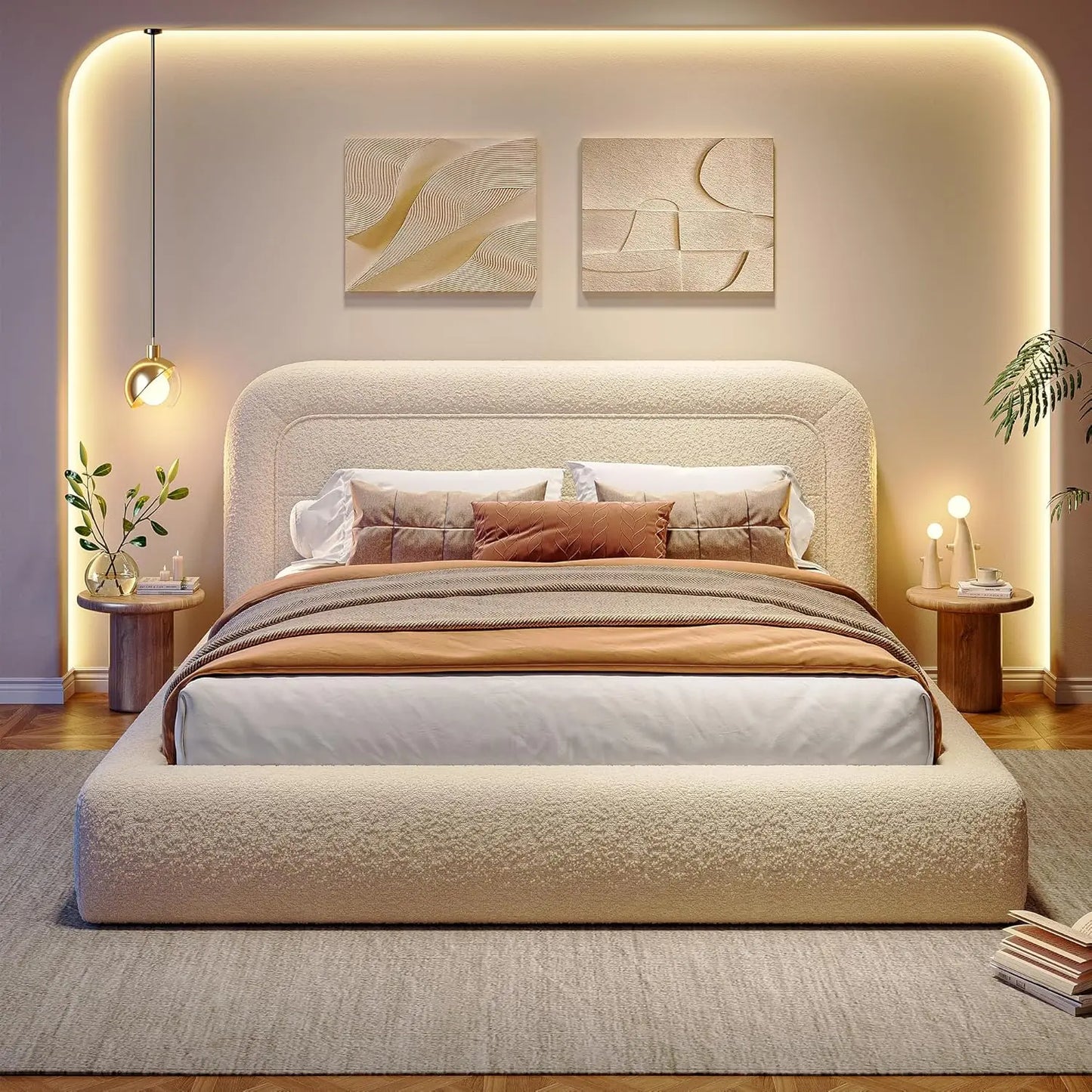 Bed Frame and Headboard, Upholstered Cloud Bed Frame, Anti-Collision Soft Rounded Corners, for Modern Bedrooms