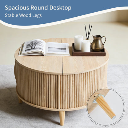 31IN Round Coffee Table with Flip-Top Storage Fluted Center Table 2-Tier Wood Desktop with Sliding Cabinet Door Living Room