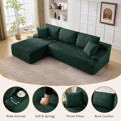 96 Comfortable Sectional Sofa with Sleeper, No Assembly Needed, Corduroy Fabric, Deep Seating Loveseat + Chaise Lounge for Livin