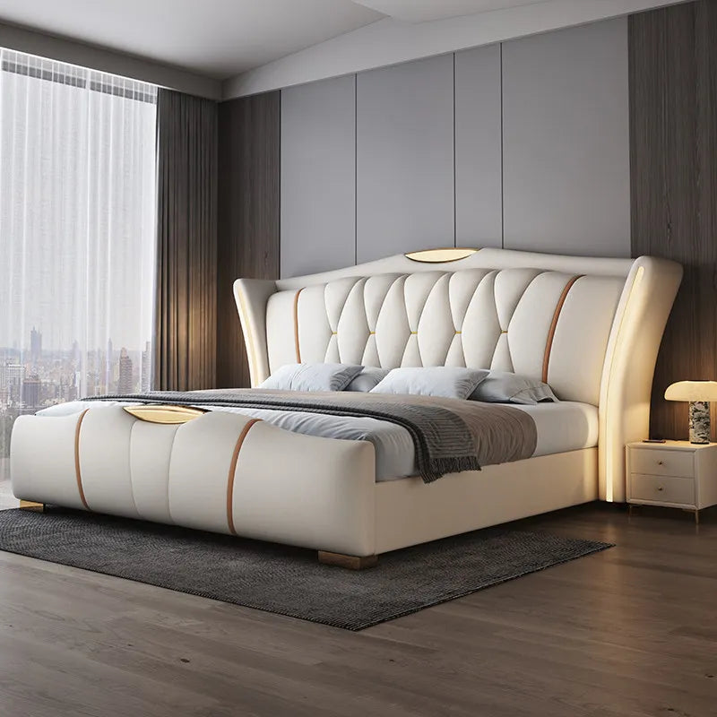 Leather bed with light modern minimalist lit 150x200 180x200 200x220 cm Double bed 2 people bedroom beds frames Furniture