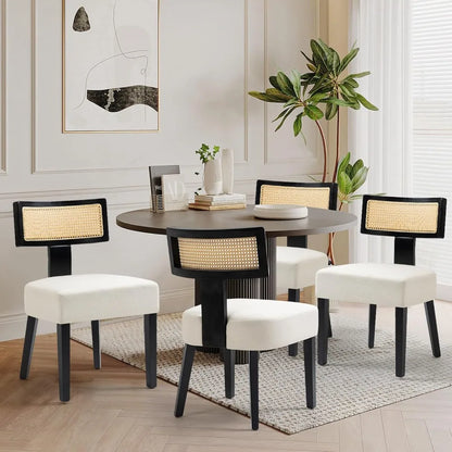 4-Pack Mid-Century Rattan Dining Chairs Fabric Upholstered with Black Wood Frame, Curved Back & Armless Design