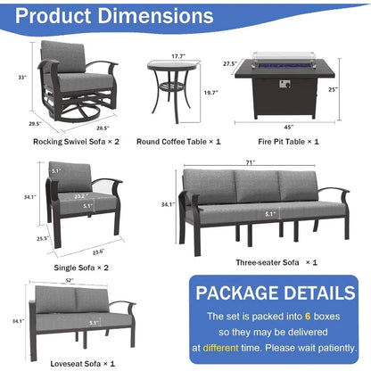 Aluminum Patio Furniture Set with Propane Fire Pit Table 9-seat Metal Outdoor Furniture w/Fire Pit Patio Sectional w/5.1"
