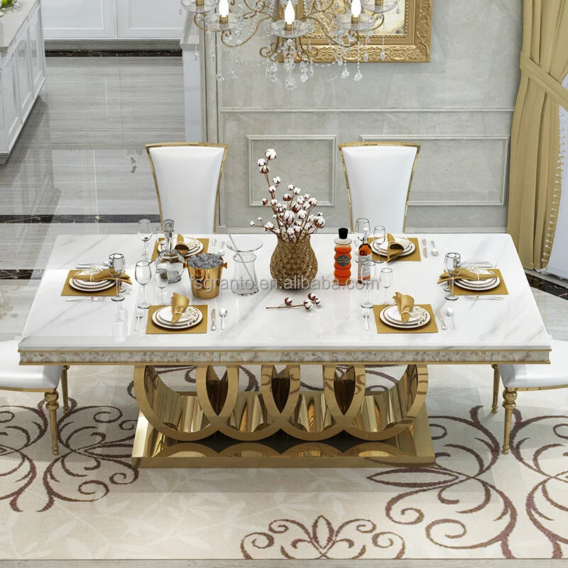 Classic Italian White Dining Sets Big Rectangular 8 Seater Leather Chairs Luxury Marble Dining Table Dining Room Furniture