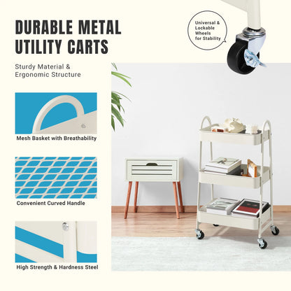 3 Tier Metal Storage Kitchen Cart with Lockable Wheels Mobile Shelving Unit Utility Rolling Organizer For Home Narrow Places