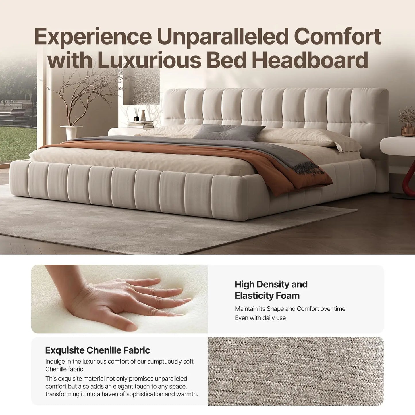 Queen Size Modern Cloud Platform Bed with 38.5-inch High Extra-Thick Soft Headboard, Includes Footboard, Block Design, Cream Uph