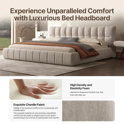 Queen Size Modern Cloud Platform Bed with 38.5-inch High Extra-Thick Soft Headboard, Includes Footboard, Block Design, Cream Uph