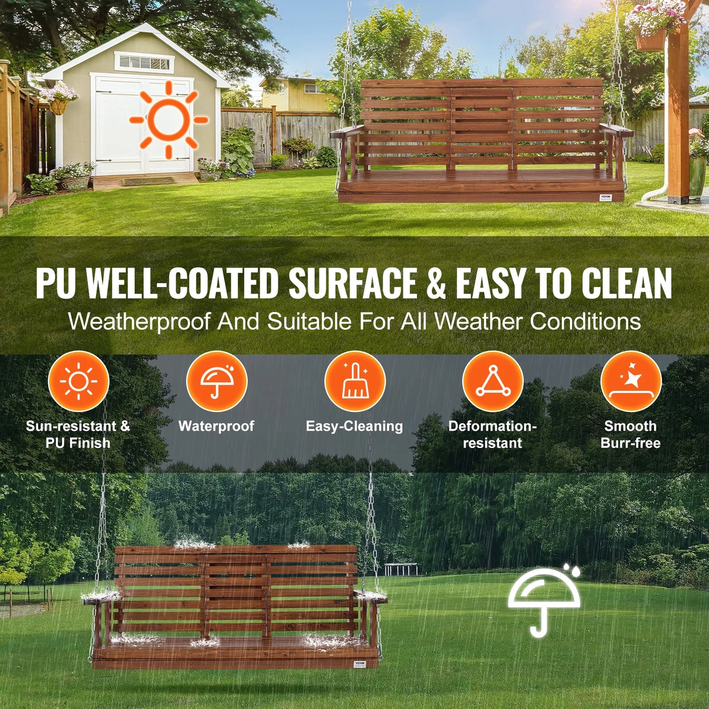Wooden Porch Swing 5 ft Patio bench swing for Courtyard Garden Upgraded 880 lbs Strong Load Capacity Swing Chair Bench