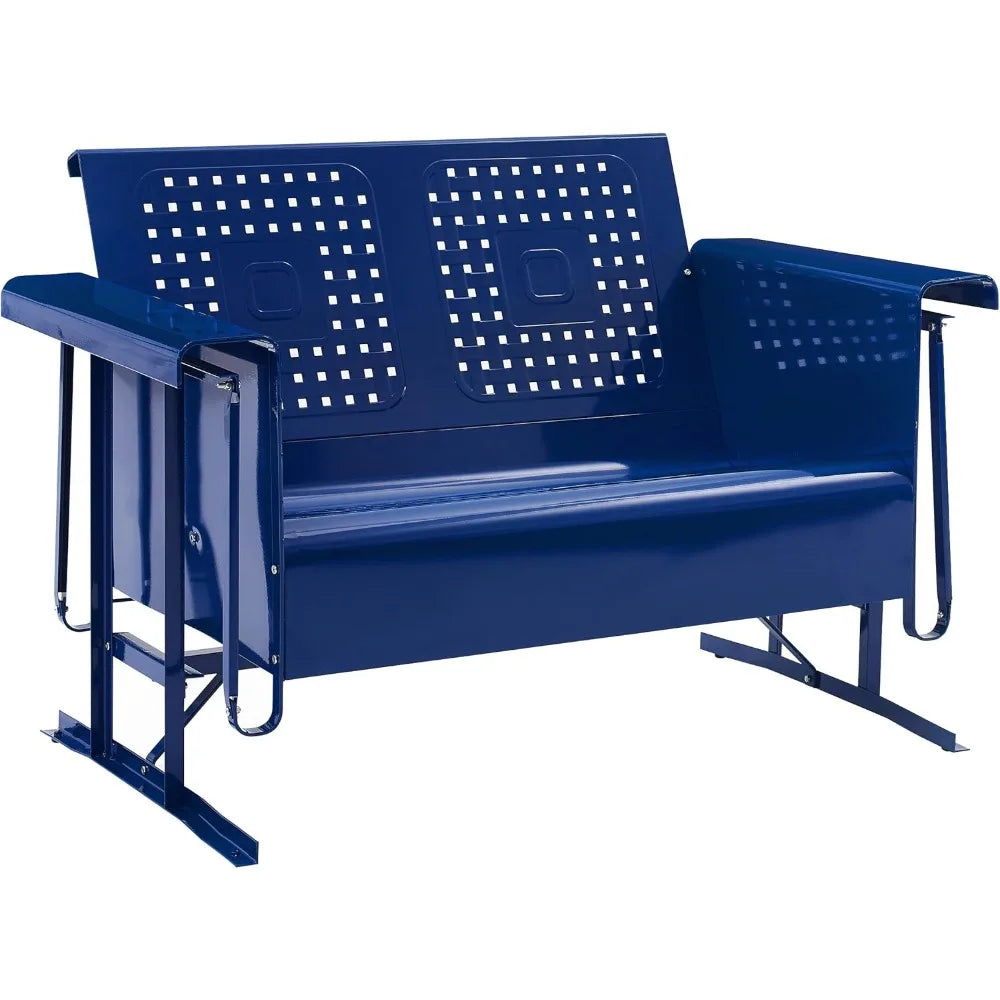 Retro Metal Outdoor Loveseat Glider, 2-Person Rocking Patio Bench for Porch, Deck, Navy Gloss
