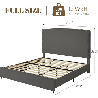 Full Size Upholstered Platform Bed Frame with 56" Headboard, Soft Boucle Fabric, Mid-Century Modern Design, No Box Spring Requir