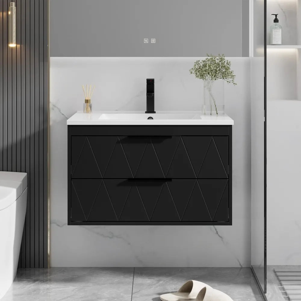 30" Bathroom Vanities Cabinet with Sink Combo, Wall Mounted Floating Cabinet W/Decor Line, Soft-Close System, 2 Extra Big Drawer