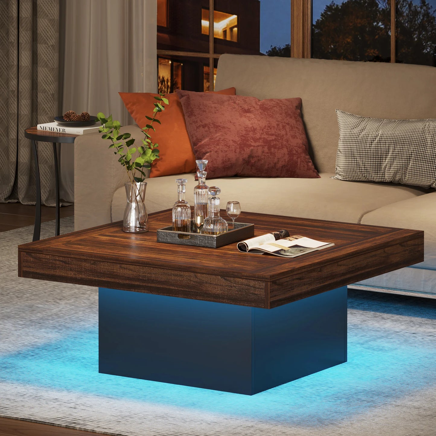 Coffee Table Square LED Coffee Table Engineered Wood Low Coffee Table for Living Room Rustic Brown & Black