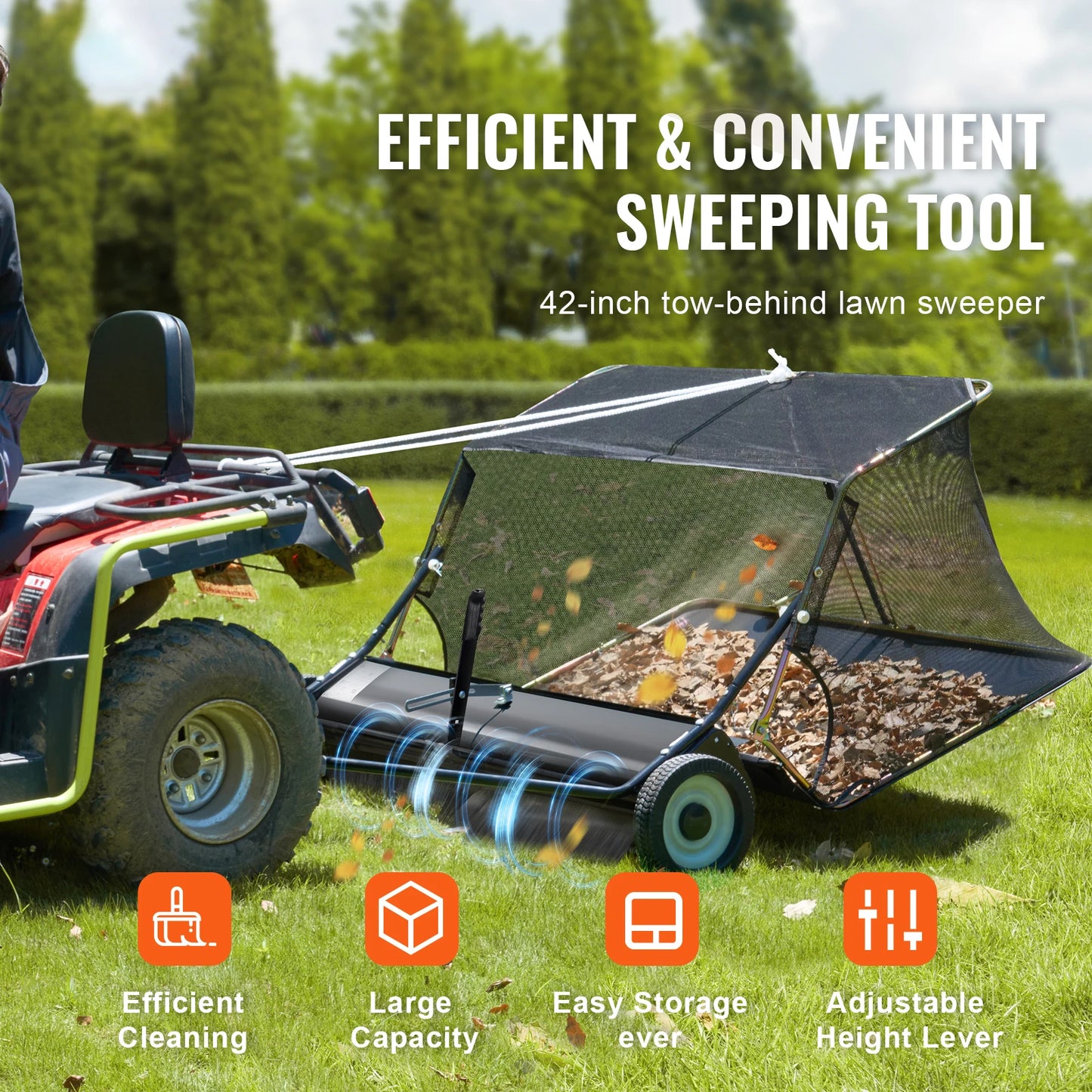 42-inch Lawn Sweeper Tow Behind 12 cu.ft.Heavy Duty Leaf Grass Collector Adjustable Height for Picking Up Debris Grass