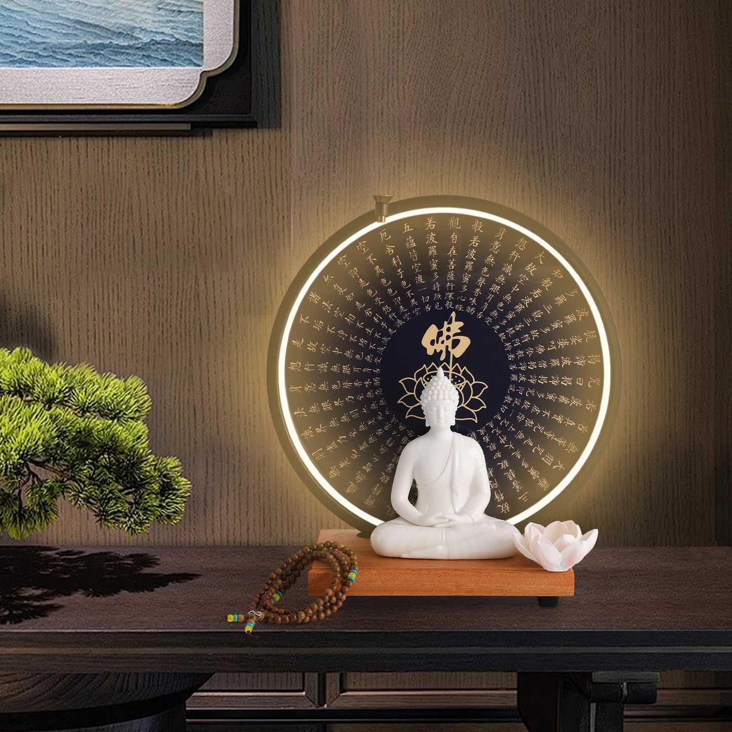 Buddha Statue Decoration Ceramic Buddha Statue with Circle LED Lamp Buddha Statue for Decor White/Red/Yellow/Blue 11.8*4.7*13in