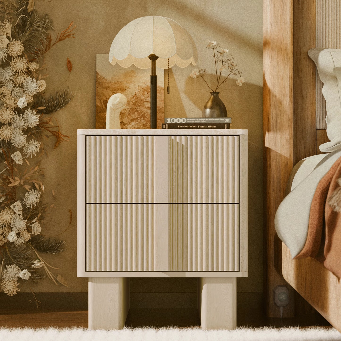 Set of 2 Fluted Nightstands w/ Charging, 2-Drawer End Tables w/ Reinforced Legs, Whitewashed Oak for Bedroom
