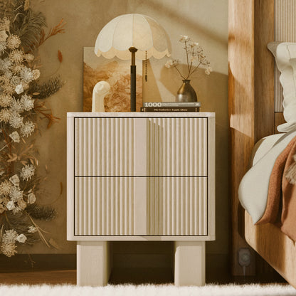 Set of 2 Fluted Nightstands w/ Charging, 2-Drawer End Tables w/ Reinforced Legs, Whitewashed Oak for Bedroom