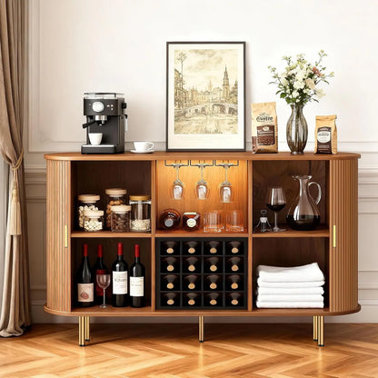 55-Inch Modern Wine Bar Cabinet with Storage, LED Lights, USB Ports & Adjustable Shelves for Living Room