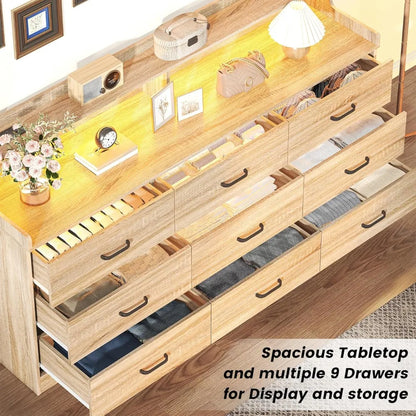 9 Drawer Dresser with Built-in Power Outlet, Mid Century Modern ,63'' Triple Wide
