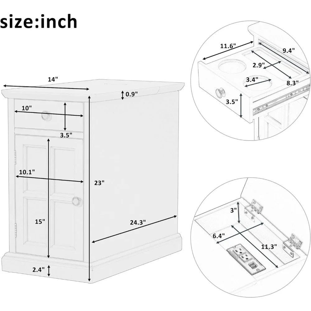 Multifunctional Classic Vintage End Table with USB Ports and 1 Drawer with Cup Holders