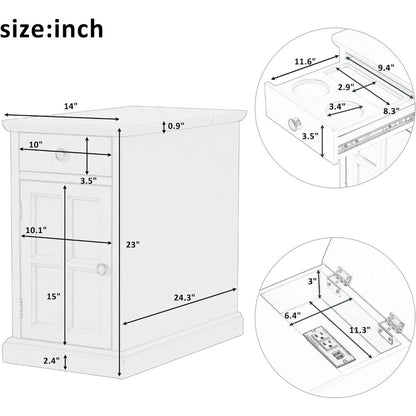 Multifunctional Classic Vintage End Table with USB Ports and 1 Drawer with Cup Holders