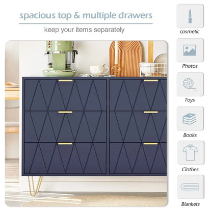 Navy Large Dresser 6 Drawer Dresser for Bedroom, Chest of Drawer with 6 Wide Drawers Wood Storage Cabinet Organizer with Metal