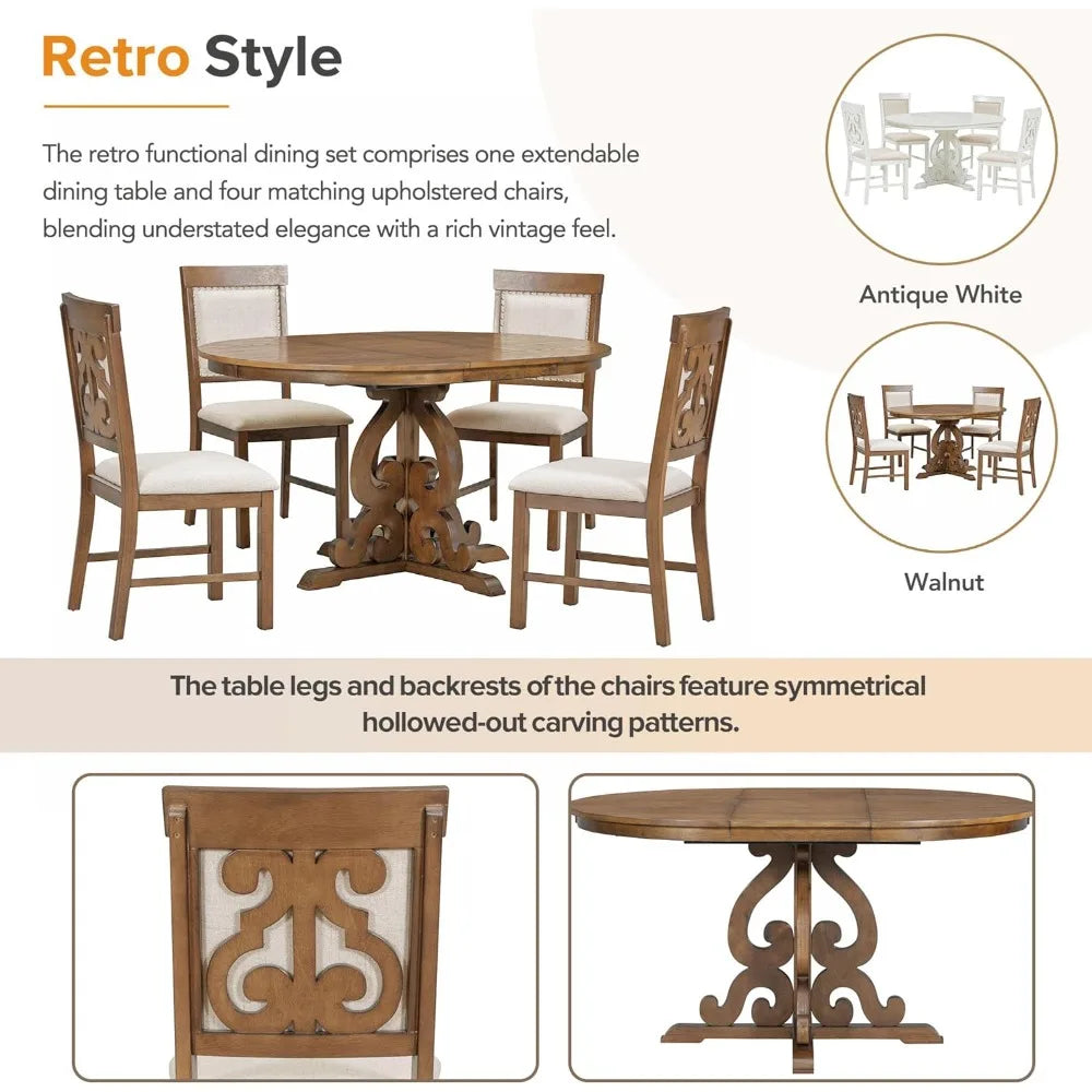 5-piece retro functional dining set, solid wood extendable dining table with a 16-inch leaf and 4 upholstered chairs