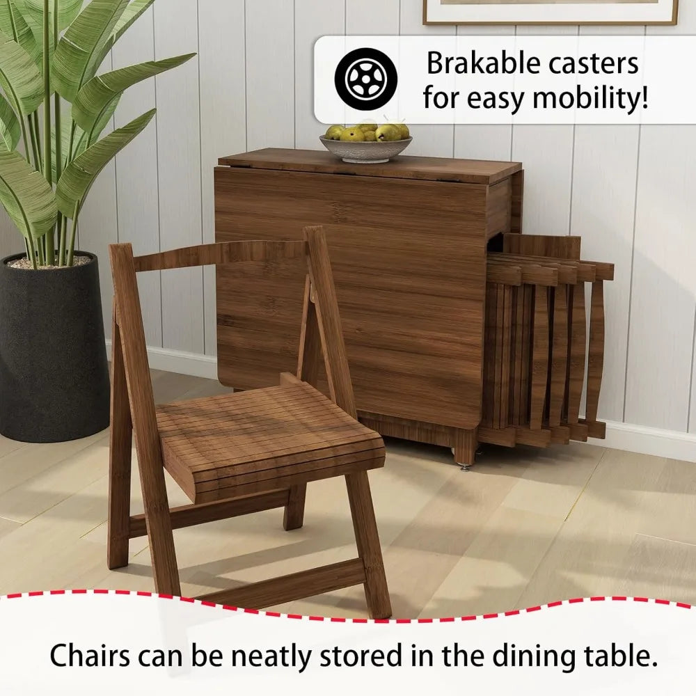 Folding Dining Table Set for 4, Bamboo Foldable Kitchen Dinning Set with Chairs, Double Drop Leaf Devise, Inside of Dinner