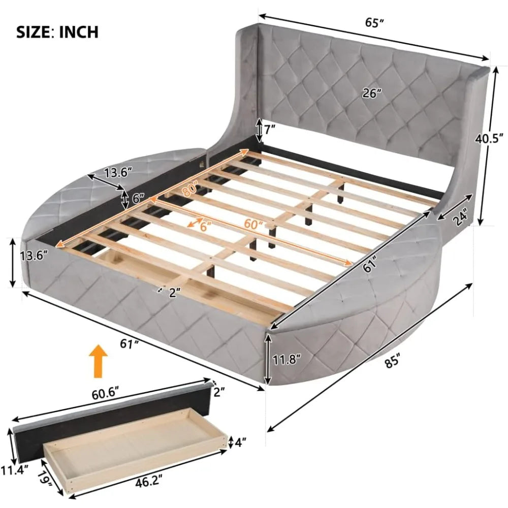 3-Piece Bedroom Set,Queen Size Velvet Upholstered Platform Round Bed and 1 Drawer,2 Side Storage Stool,with Wingback Headboard-G