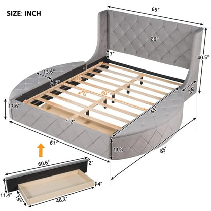 3-Piece Bedroom Set,Queen Size Velvet Upholstered Platform Round Bed and 1 Drawer,2 Side Storage Stool,with Wingback Headboard-G