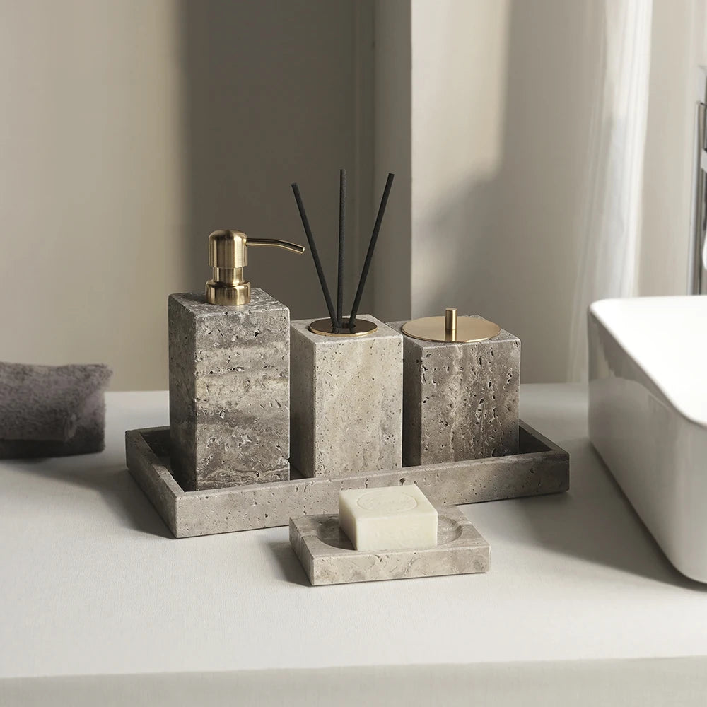 Grigio Travertino Bathroom Accessories Sets Vintage Marble Soap Holder Soap Dispenser Vanity Tray Bathroom Set