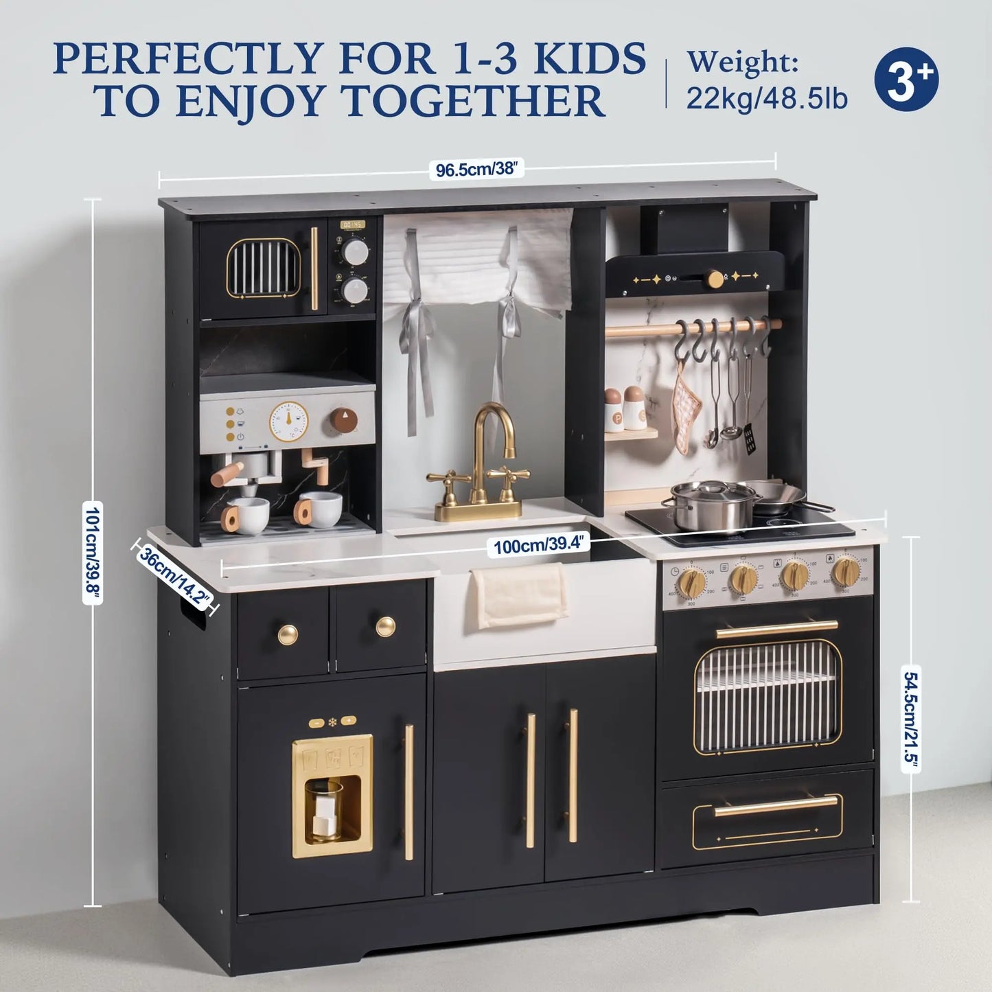 Wooden Play Kitchen Toy Kitchen Set with Ice Maker and Coffee Machine Realistic Kitchen Set Gift for Toddlers
