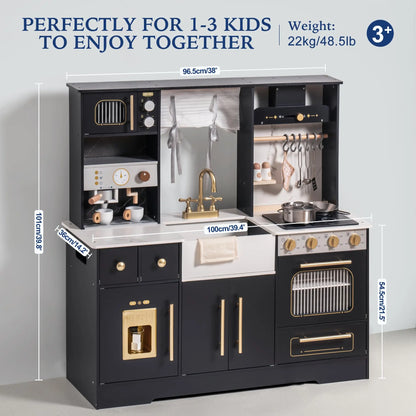 Wooden Play Kitchen Toy Kitchen Set with Ice Maker and Coffee Machine Realistic Kitchen Set Gift for Toddlers