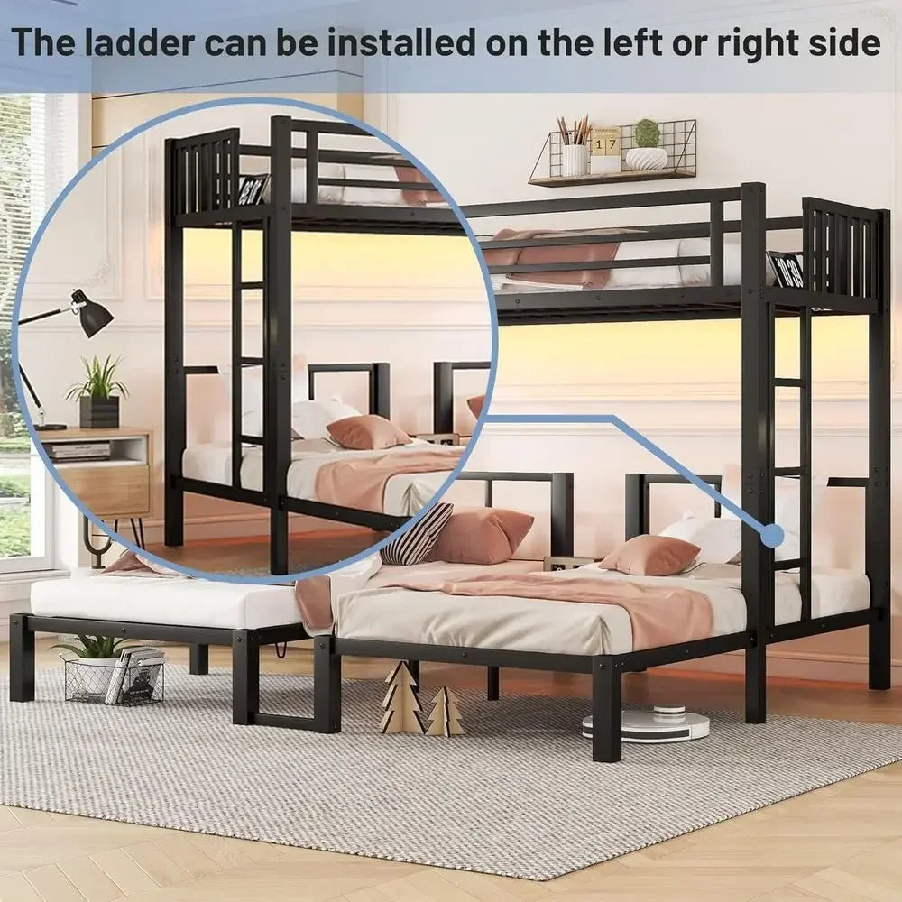 Sturdy Metal Triple Bunk Bed with LED Lights, Storage, and Charging Station for Kids