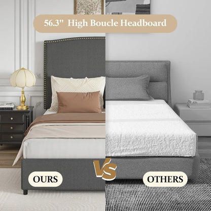 Full Size Upholstered Platform Bed Frame with 56" Headboard, Soft Boucle Fabric, Mid-Century Modern Design, No Box Spring Requir