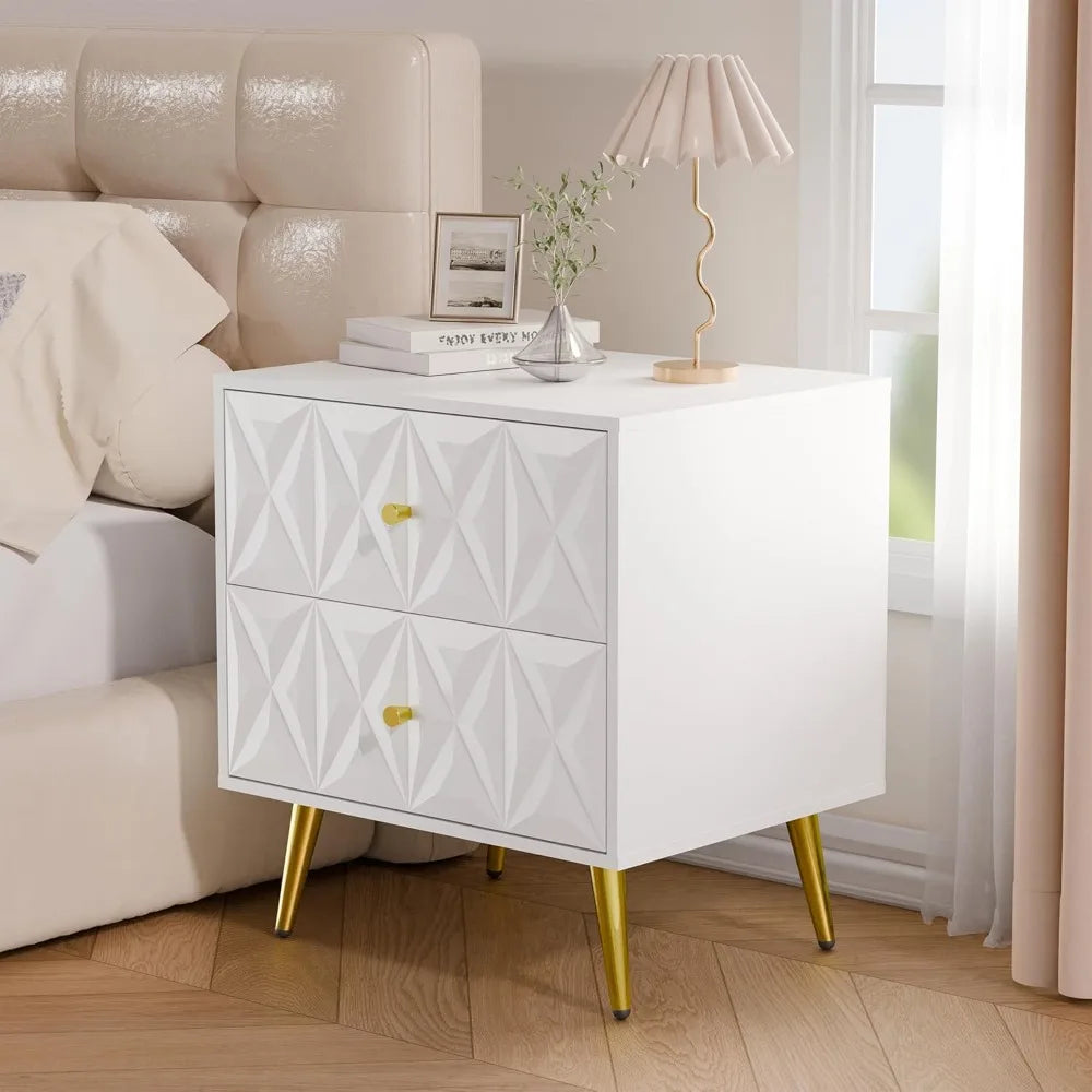 White Night Stand Set of 2, Wide Embossed Nightstand with 2 Drawers