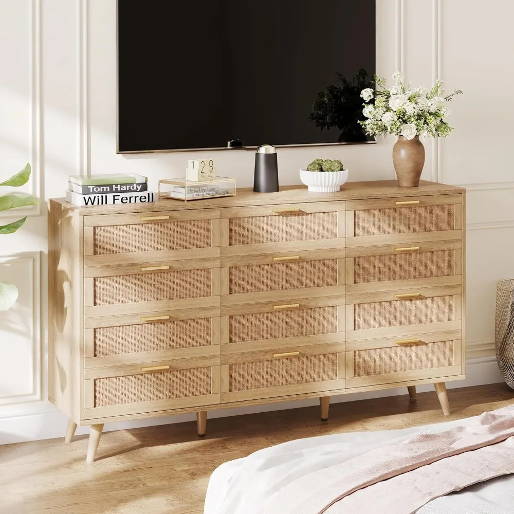 12 Drawer Double Dresser for Bedroom, Rattan Chest of Dressers, Modern Wooden Dresser Chest with Golden Handles