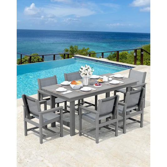 7 Piece Outdoor Dining Table Sets for 6 with 1 Umbrella Hole Cut-Out Rectangular Table and 6 Textilene Chairs, HDPE Dining Tabl