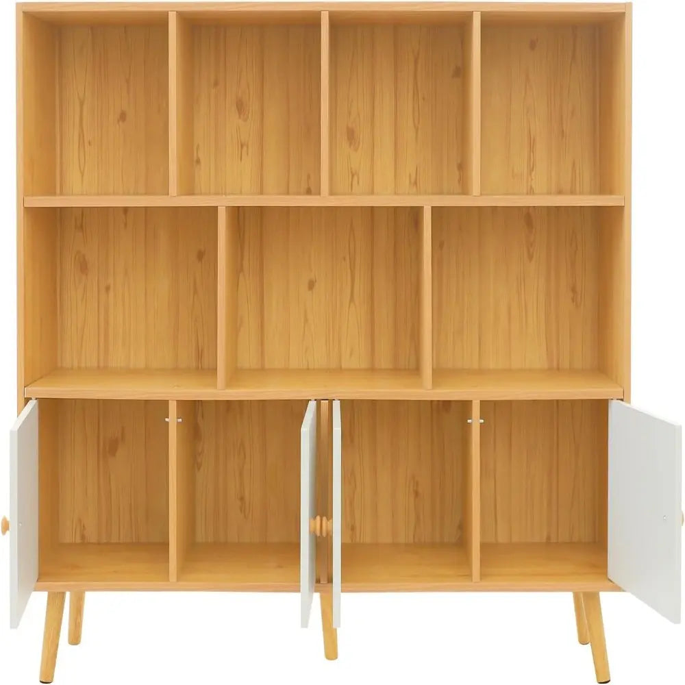 Three-tier wooden bookshelf, open cube low bookshelf with legs and drawers, cube storage